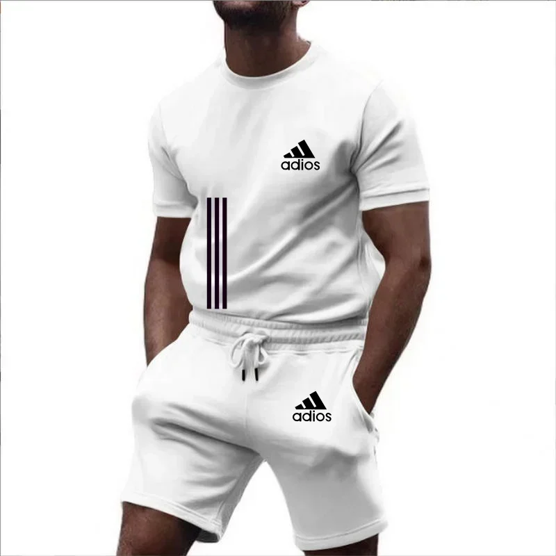 

New Summer Men's Two Piece Set Waffle Fabric Casual T-Shirt And Shorts Set Mens Sports Suit Fashion Short Sleeve Tracksuit Men