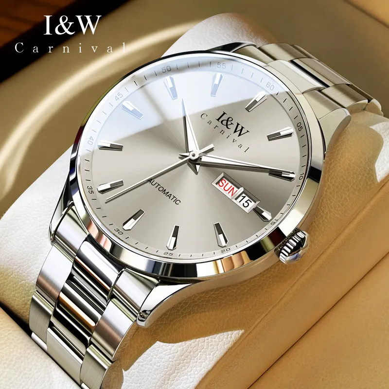 Carnival Brand I&W Hochwertige Luxus-Armbanduhr mit Importiertem Uhrwerk, Mechanische Herrenuhr aus Stahl mit Saphirglas, Wochentags- und Datumsanzeige, Automatik-Armbanduhr für Männer