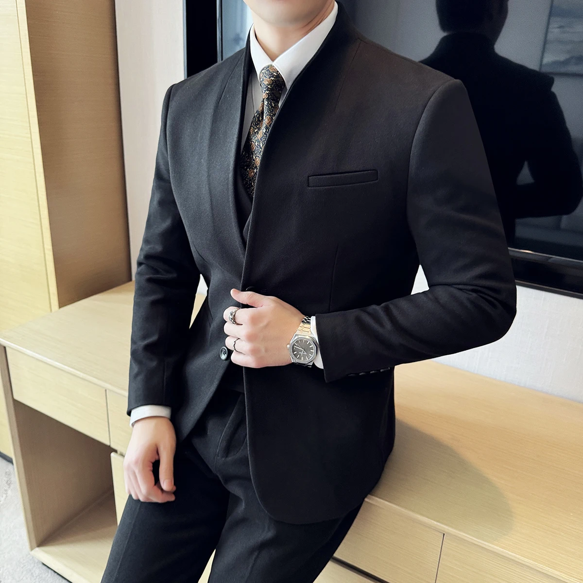 New Chinese Stand-up Collar Woolen Suit Autumn Winter Men\'s Business Casual Groom Wedding Slim Fit Suit Tuxedo 3-piece Set