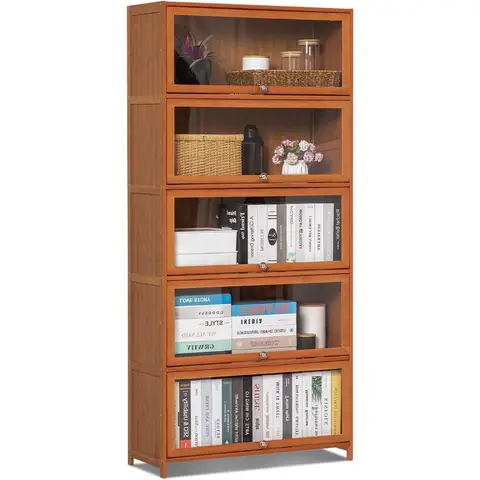 Bibliothèque en bambou avec portes en acrylique, étagère à livres autoportante à 5 niveaux, organisateur de rangement pour salon, bureau, chambre à coucher, marron