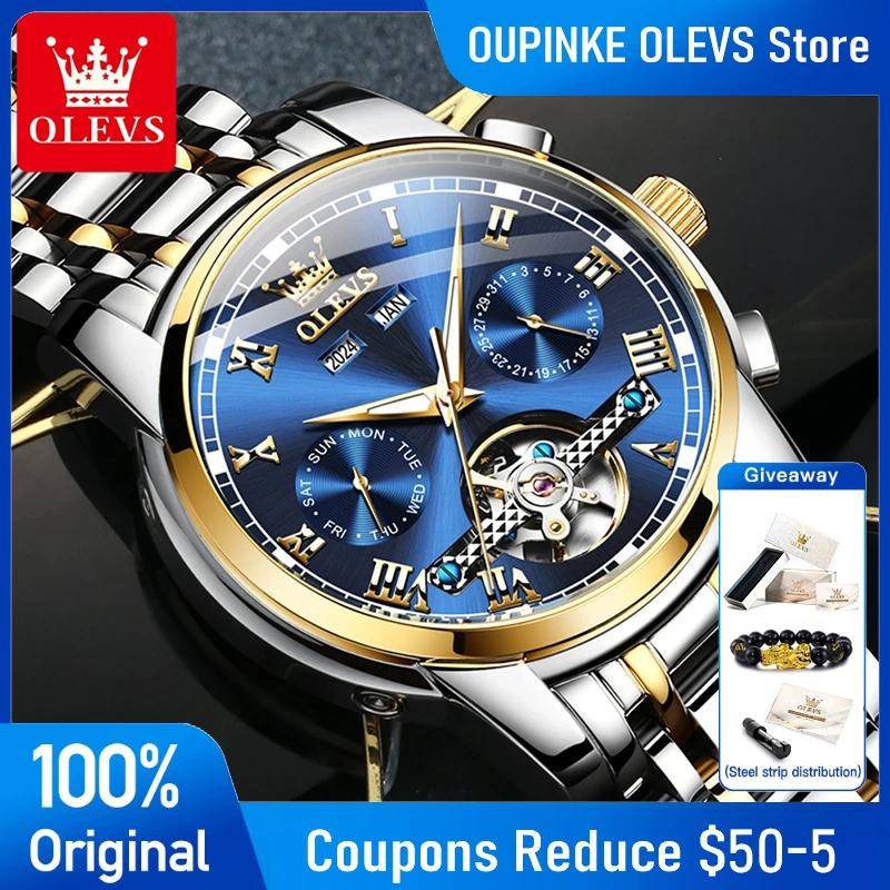 OLEVS 6607 Mens Watch Original Business Skeleton Automatic Mechanical Watch Stainless Steel Day Date Watch For Man Best-Selling