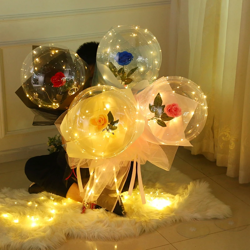 Valentine's Day Creative Gift LED Balloon Rose Bouquet Birthday Gift Anniversary Wedding Light Up Artificial Flower Decoration