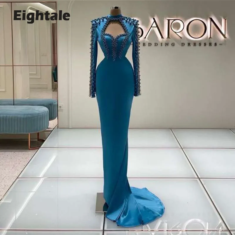 Eightale Dubai Avondjurken 2022 Kralen Parels Hoge Hals Lange Mouwen Satin Mermaid Prom Gown Arabisch Party Dress Custom Made