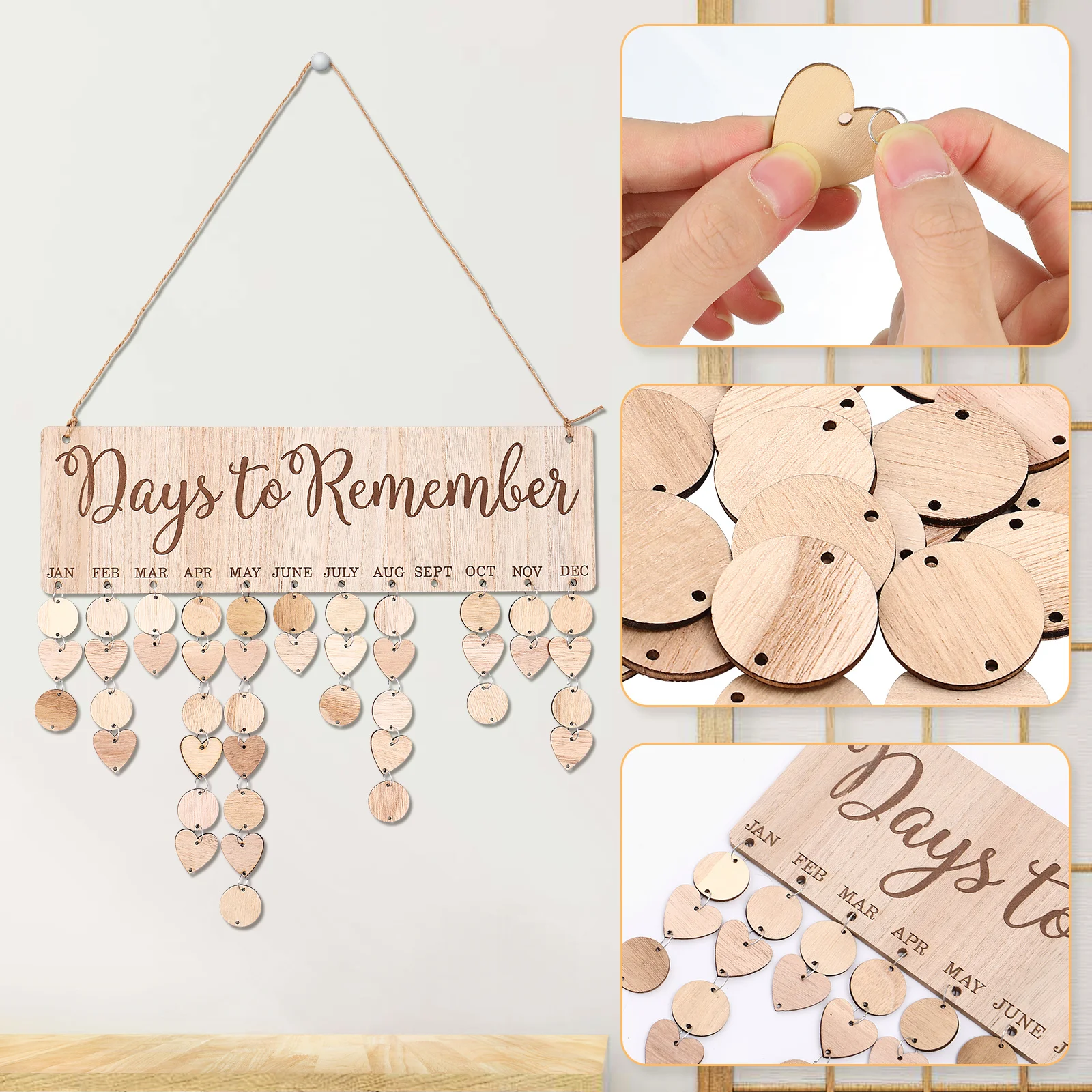 

Wooden Calendar Hanging Birthday Board Reminder Family Planner Plaque Heart Round Shape Wood Slices Special Dates Gifts