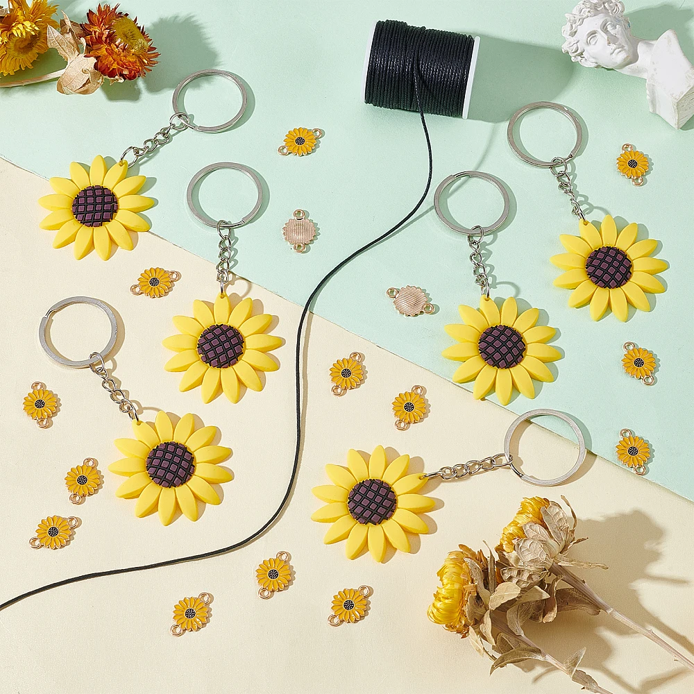 35pcs Sunflower Charms Keychains Yellow Flower Enamel Pendants Bracelets Floral Hanging Key Ring Connector Links with Black Cord