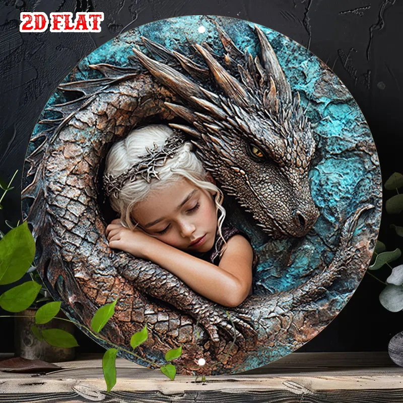 2D Flat 1pc Dragon Round Aluminum Sign,Fantasy World Round Wall Art,Magical Creatures Decorative plaque,Ancient Myth Perfect