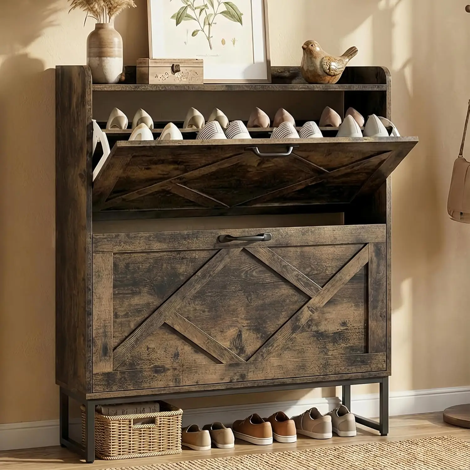 

Freestanding Shoe Cabinet with 2 Flip Drawers, Rustic Brown Storage for Entryway and Hallway