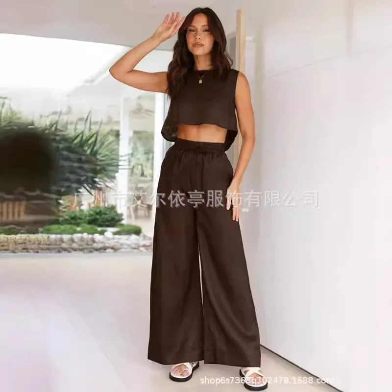 

women's clothing new fashion cotton and linen suit sleeveless back split top + cotton and linen pocket wide-leg pants