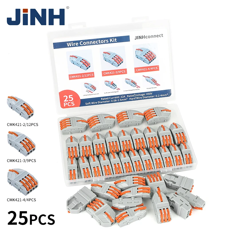 

JINH 25Pcs CMK421 Lever Connector Nuts Assortment Pack Quick Splicing Electrical Terminal Blocks Standard Solid Flexible Wires