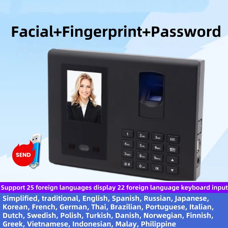 

Машина для штамповки посещаемости, распознавание отпечатков пальцев и лица, 25, дисплей иностранного языка, штамповочная машина, вход