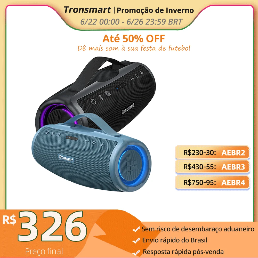 Tronsmart caixa de som Mirtune S100 com 50W, caixa de som bluetooth IPX7 à prova d'água, alça retrátil, Powerbank integrado