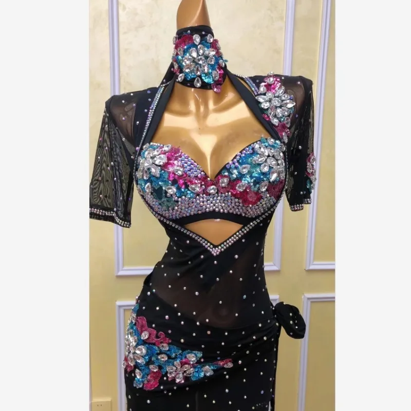 

Customized New Belly Dance Costume Black Mesh Hot Diamond Performance Dress Disfraces Adultos Exotic Dancewear