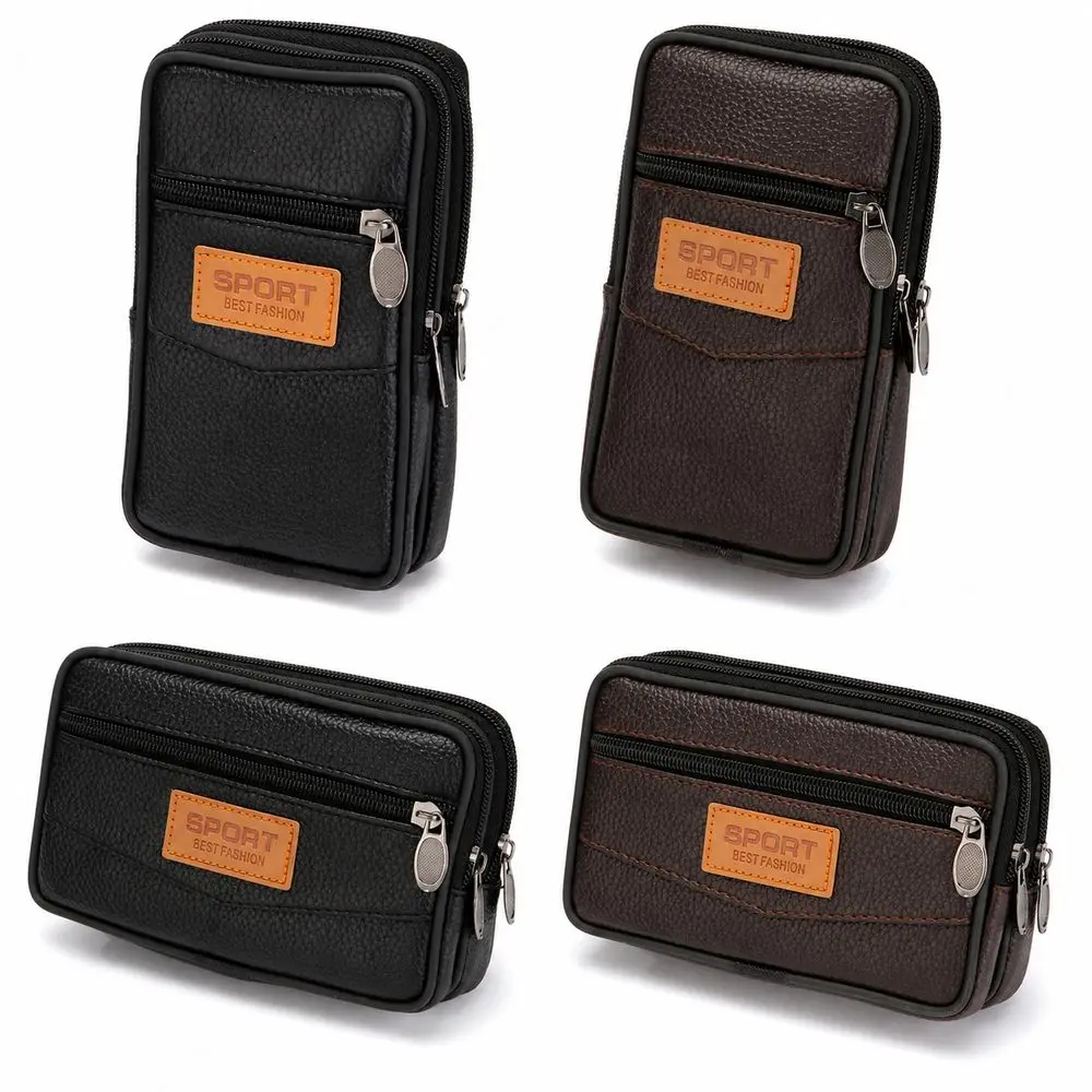Durable PU Leather Man Belt Pouch Zipper 6.5inch Phone Case Multiple Layers Modern Phone Waist Bag Outdoor Camping