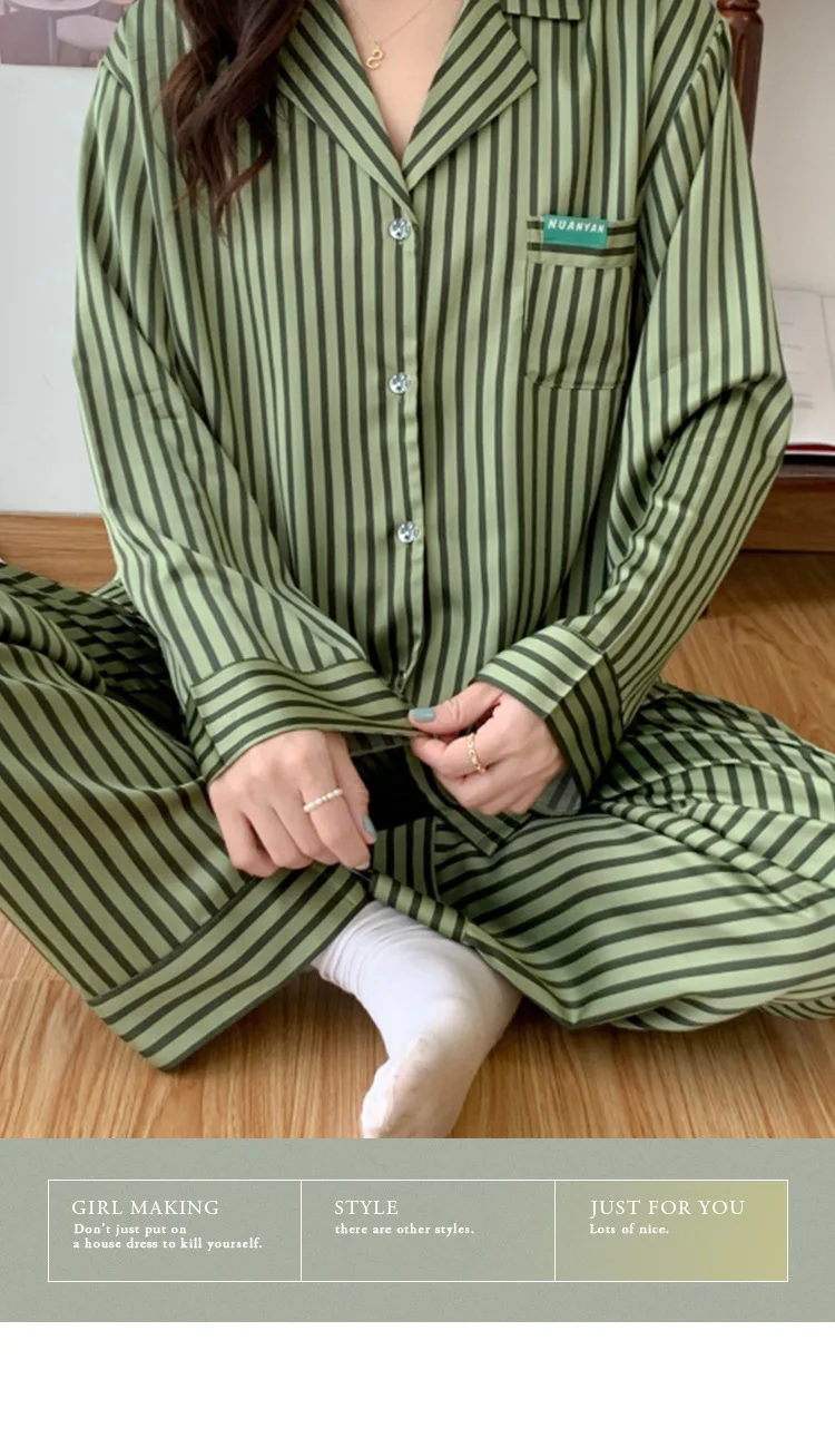 Women\'s Pajamas Sets Spring Autumn 2 Piece Striped Green Pyjama Faux Silk Satin Sleepwear Long Sleeve Pijama Mujer Pjs Homewear