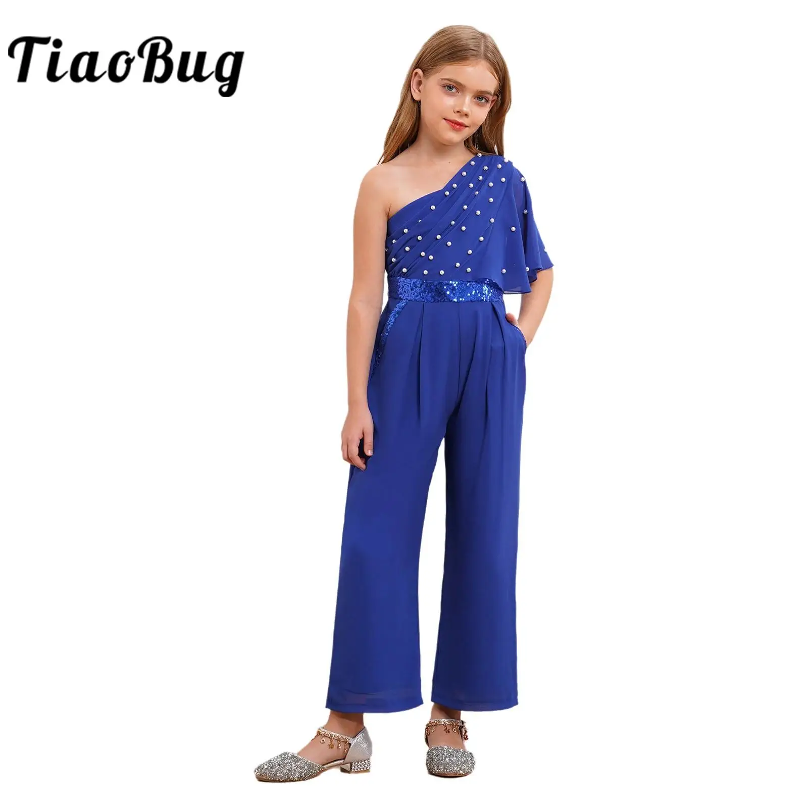 

Teens Wedding Party Costume Fashion Elegant Flower Girl Dress Children Girls One Shoulder Pants High Waist Formal Clothes