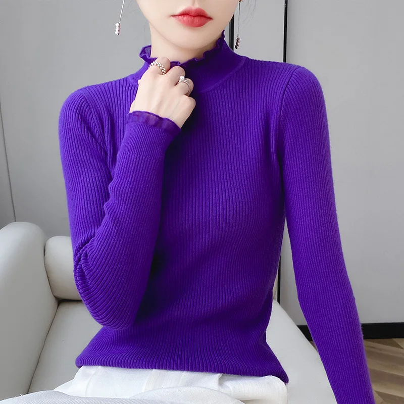 Autumn Winter Mock Neck Cashmere Sweater Women Solid Knitted  Casual Slim Pullover Fashion Cashmere Simple Chic Jumpers