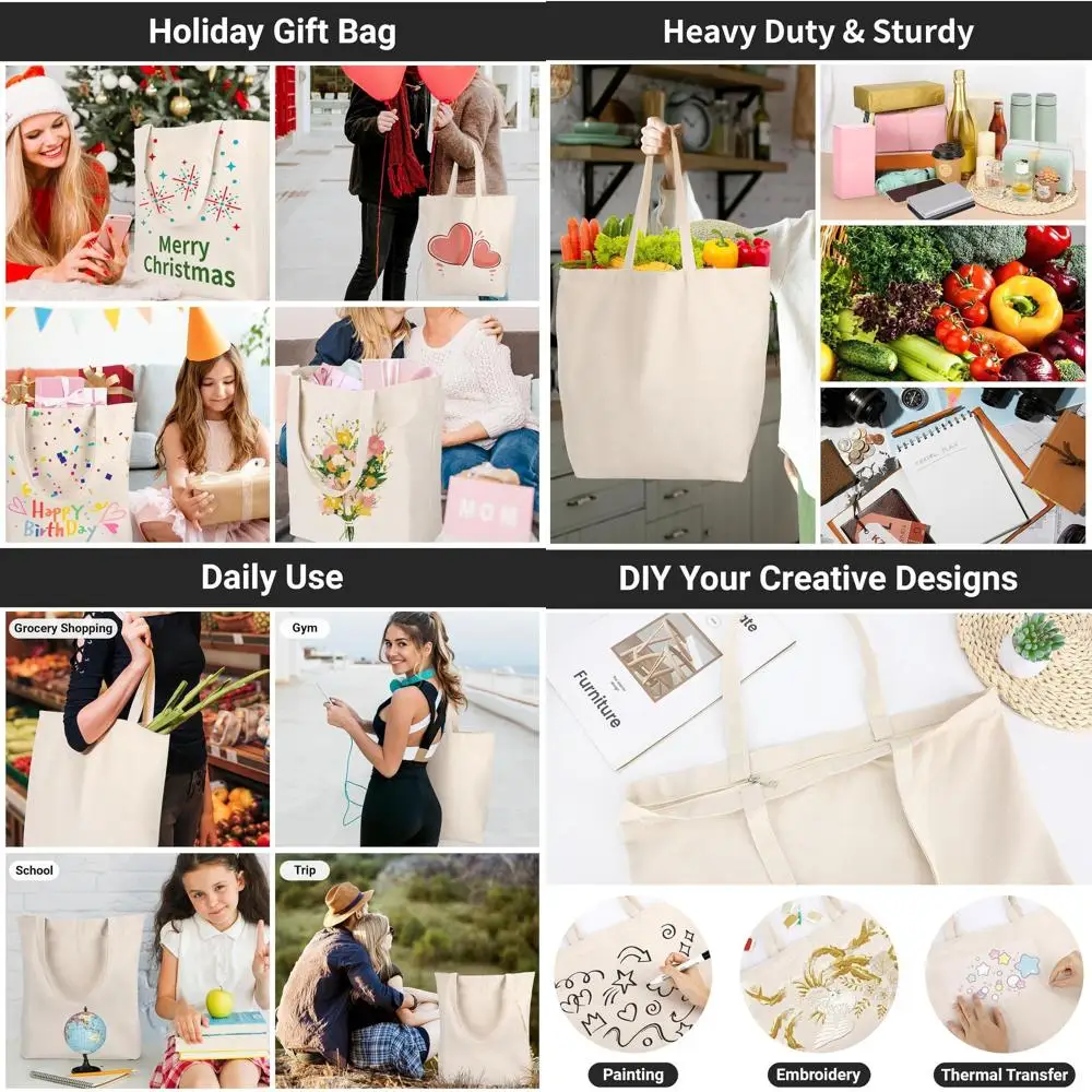 

Canvas Tote Bags with Zipper, 3-Pack 19.7x15.7 inch, Heavy Duty 12oz Reusable Shopping Bags for DIY, Art, and Embroidery