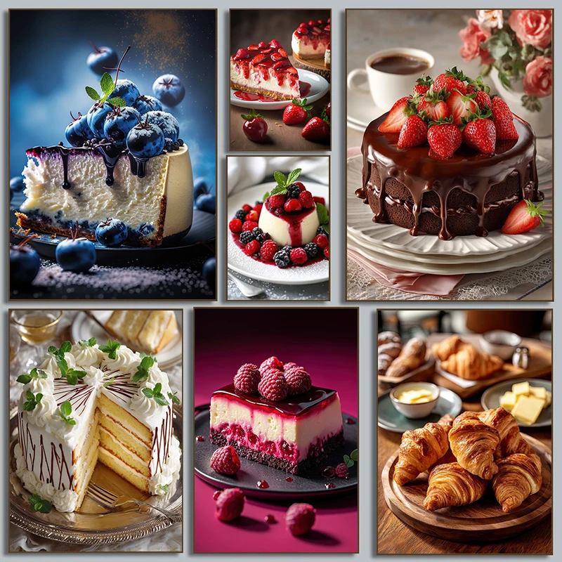 Delicious Afternoon Tea Croissant Cream Chocolate Strawberry Mousse Dessert Poster Canvas Paintings Wall Art Pictures Home De