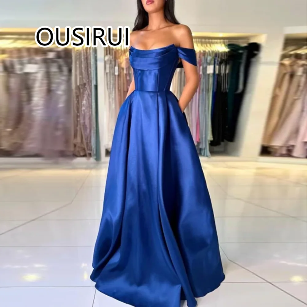 

Modest Off-Shoulder Satin Pleated Formal Evening Party Dress Backless and Lace up Court Prom Dress with Pockets Custom Made