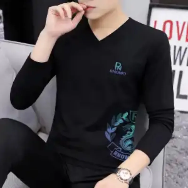 جديد الرجال طويلة الأكمام تي شيرت مطبوعة الربيع والخريف سليم القطن الأبيض قاع قميص الخامس الرقبة الأعلى