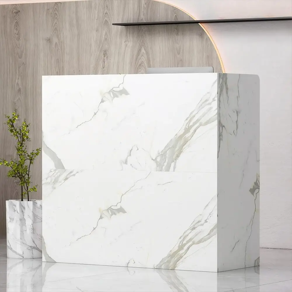 

Стойка ресепшн с прилавком, запирающимися ящиками и полками, шкафом, столом для оформления заказов, мраморно-белая