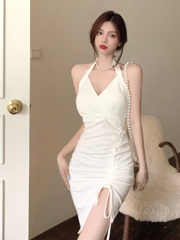 

White Neck Hanging Suspender Dress For Women In Summer 2025 With Waist Up Backless Sexy Slit Buttocks Wrapped Vestido Casual LW0