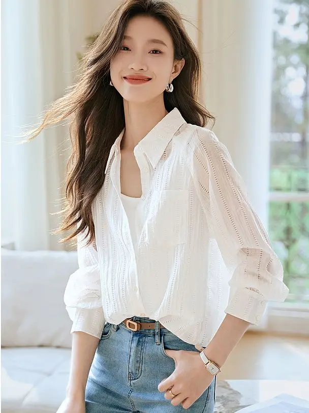 Elegant Fashion Harajuku Slim Fit Outerwear Solid Button Thin Style Hollow Out Long Sleeve Blusa Casual All Match Female Clothes