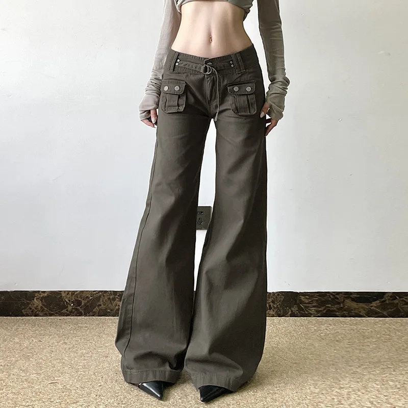 

European and American Retro Spice Girls Pleated Pocket Straight Casual Pants Street Making Old Jeans