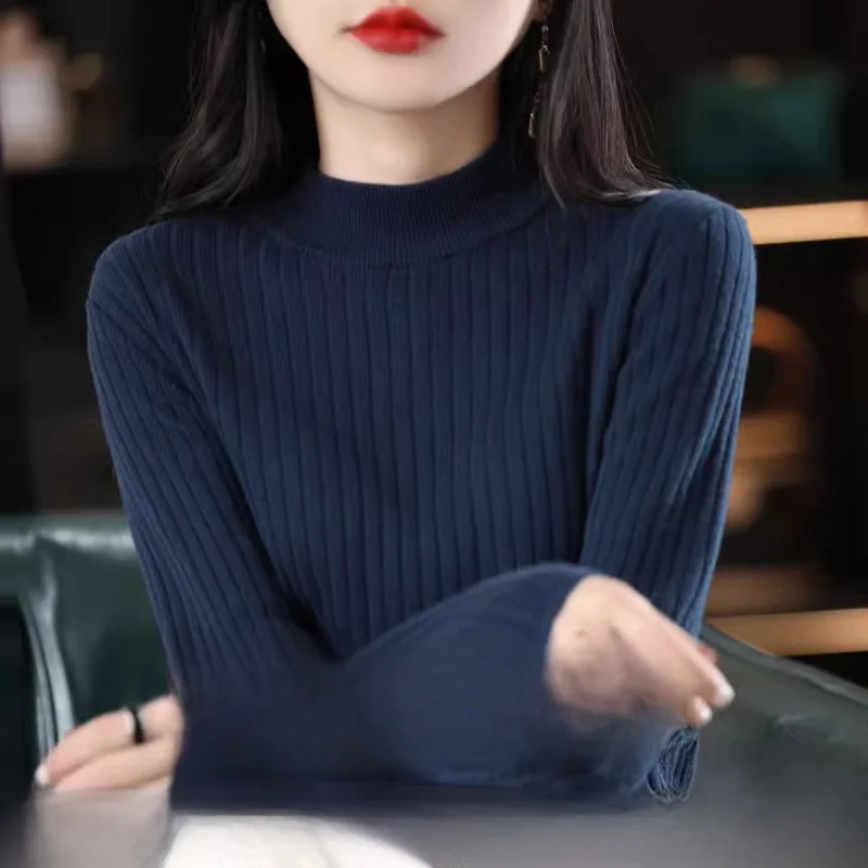 

00% Pure Cotton Thiened f High Collar Knitted Sweater Women Color Long Sve Overhead Base irt Autumn Winter I...