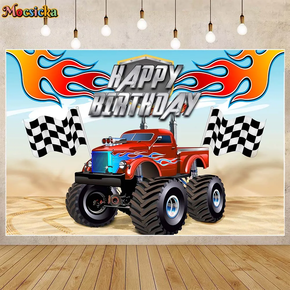 Mocsicka Racing Car Theme Child Birthday Backdrop Party Decorations Red Desert Buggy Boys 1st Birthday Photo Background Banner