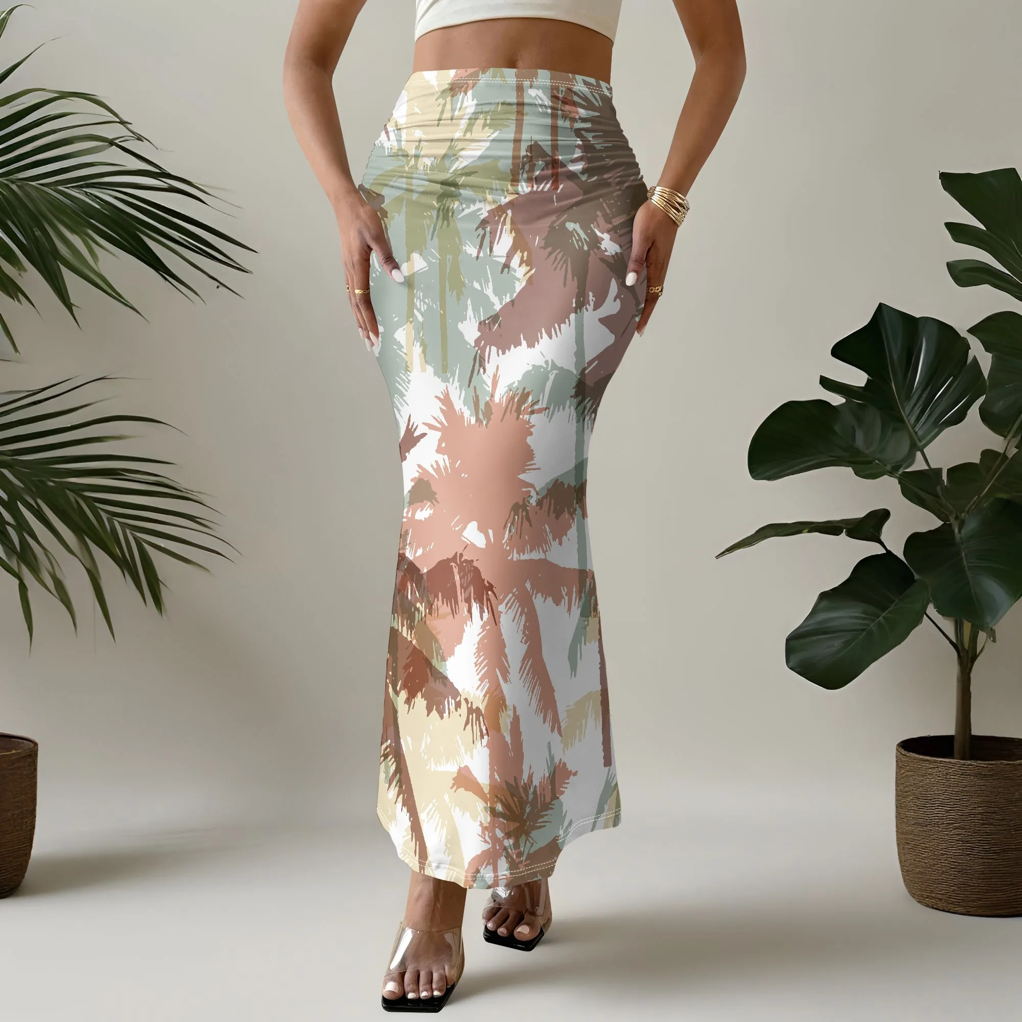 Palm Tree Print Mermaid Skirt, Tropical Pattern Maxi Skirt, High Waist Bodycon Skirt, Beach Vacation Wear for Women, S-2XL
