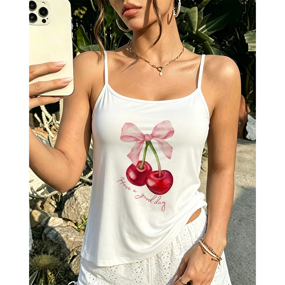 Cherry Bow Print Camisole Women Cute Graphic Tank Top Sleeveless Vest Summer Spaghetti Strap Trendy Fashion Top Sweet Girl Vibe