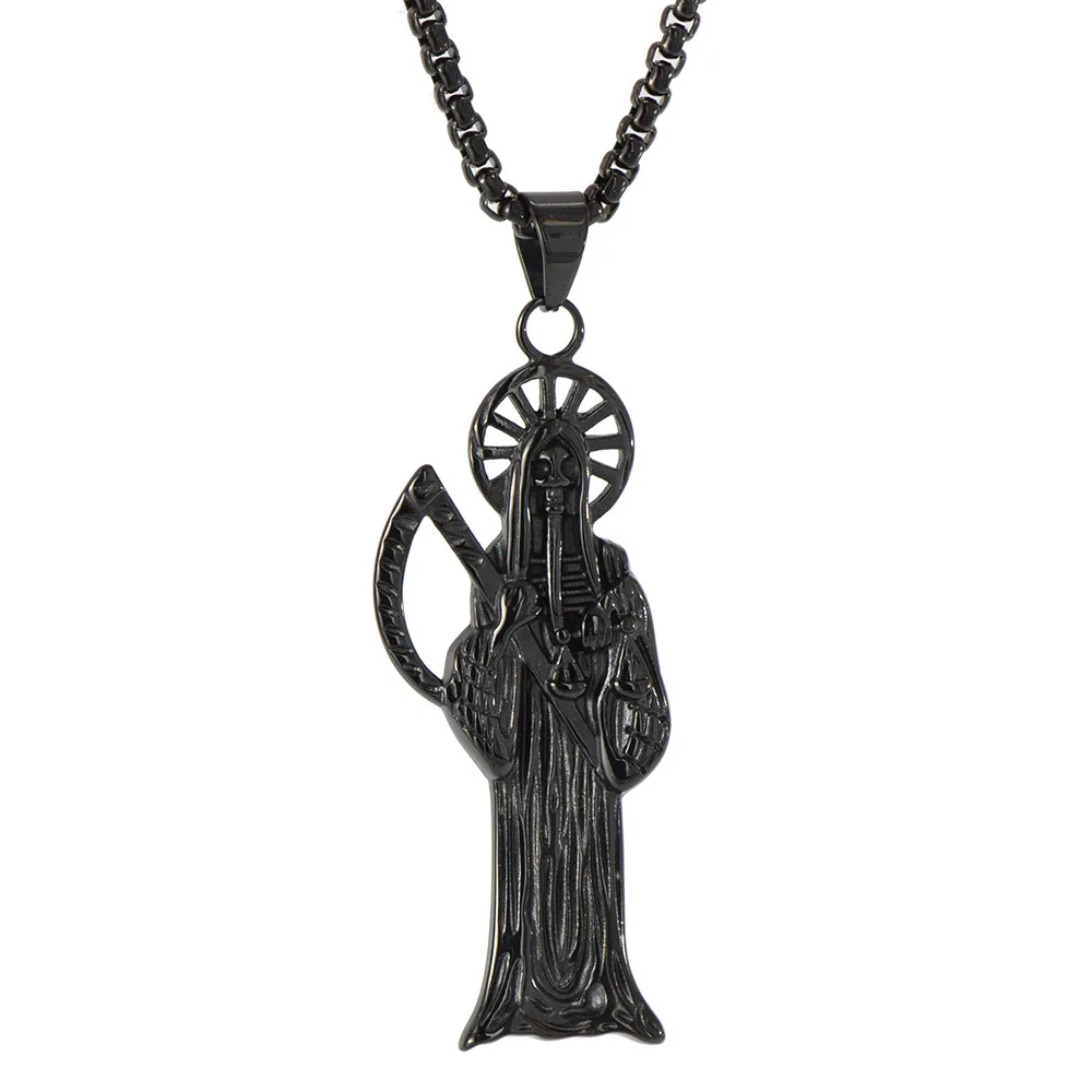 

Hip Hop Vintage Holy Saint Death Santa Muerte big Skull Biker Pendant Gold color Necklace Stainless Steel Man Religious Jewelry