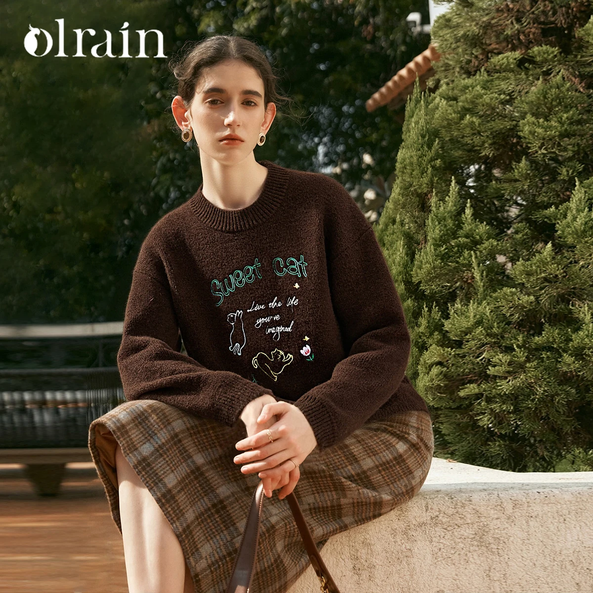 OLrain 2026 Winter Knitwear Women Knitted Pullover Jumper Ladies Coffee Embroidery Lazy Casual Long Sleeve Sweater O57DM001969