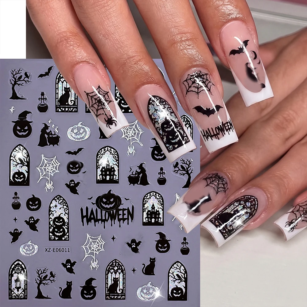 3D Cute Ghost Eyeball Halloween Nail Sticker Glitter Spider Wed French Silver White Molten Lava Nail Decals Self-adhesive NailAr