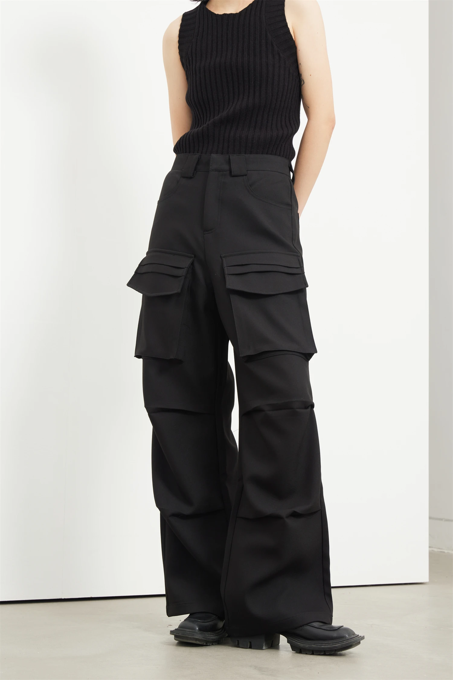 

Dark street casual pumping pleated multi-pocket long leg straight large size overalls