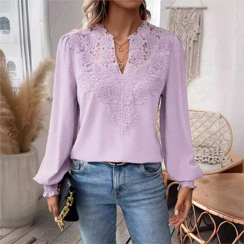 Camisa elegante con decoración de encaje calado para mujer, jersey con cuello de pico profundo, blusa femenina de Color sólido, Tops de manga larga con farol de Jacquard