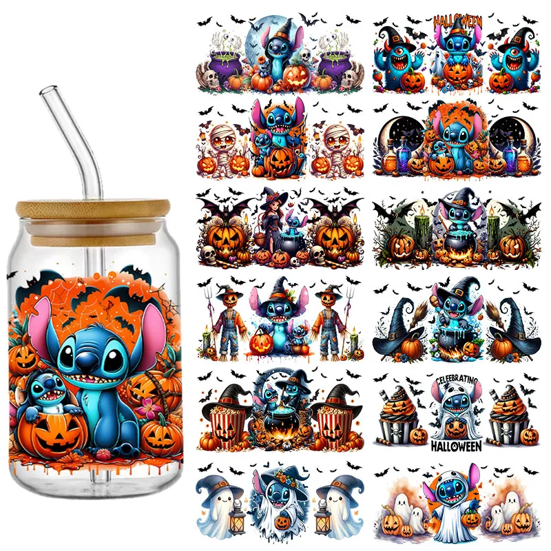 Disney Halloween Stitch UV DTF Cup Wraps Transfer Sticker For 16OZ Glass Libbey Can Bottle Selfadhesive Washable DIY Custom