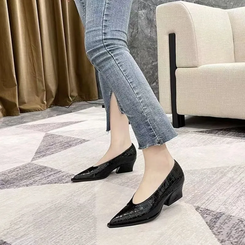 Pointy V-neck Patent-leather Single Women Shoes High Heels Spring Versatile Retro Chunky Single Shoes Zapatos De Mujer Black