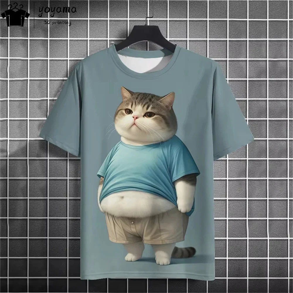 Funny Fat Cat Graphic T shirts Street Fashion Short Sleeve Tee Animal Print T shirt Men Casual Oversiezd T-shirt Mens Clothing