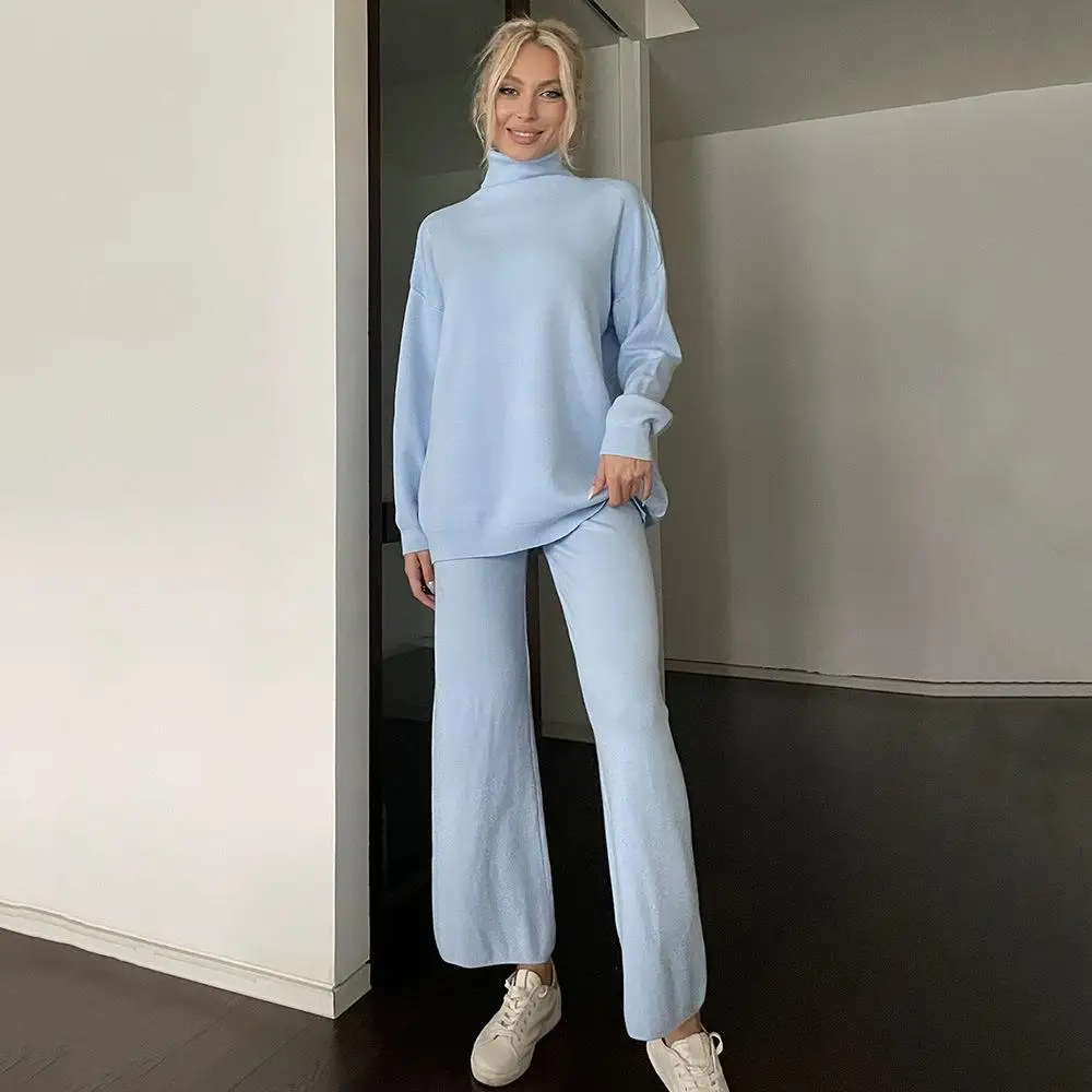 

Women's High Ne Knitted Sweater Soft Set Long Sve Street Sle Faion Tee-Piece Set for Autumn Winter Casual Wear