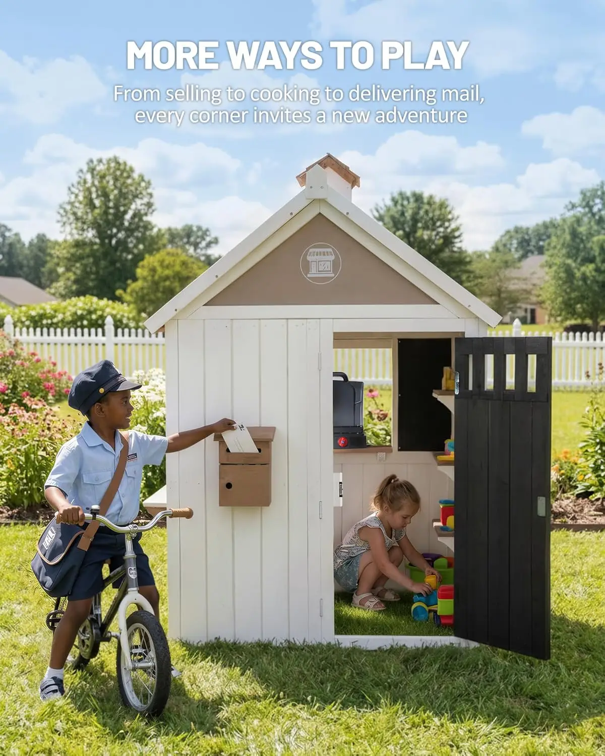 2-in-1 Cedar Wooden Kids Outdoor Playhouse with Grocery Grill Station Cash Register Chalkboard for Backyard Kids Age 3 to 8