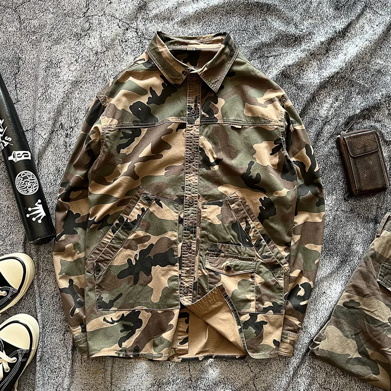 

Spring Men's Casual Long Sve Workwear irt Vintage Waed Camouflage ket Detail Cotton Blend Faionable Youth irt