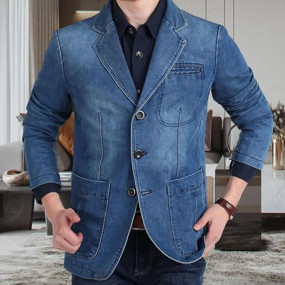 Men Denim Blazer Vintage Lapel Slim Fit Three Buttons Denim Blazer Fine Stitching Slim Fit Casual Suit Coat Business Suit Jacket