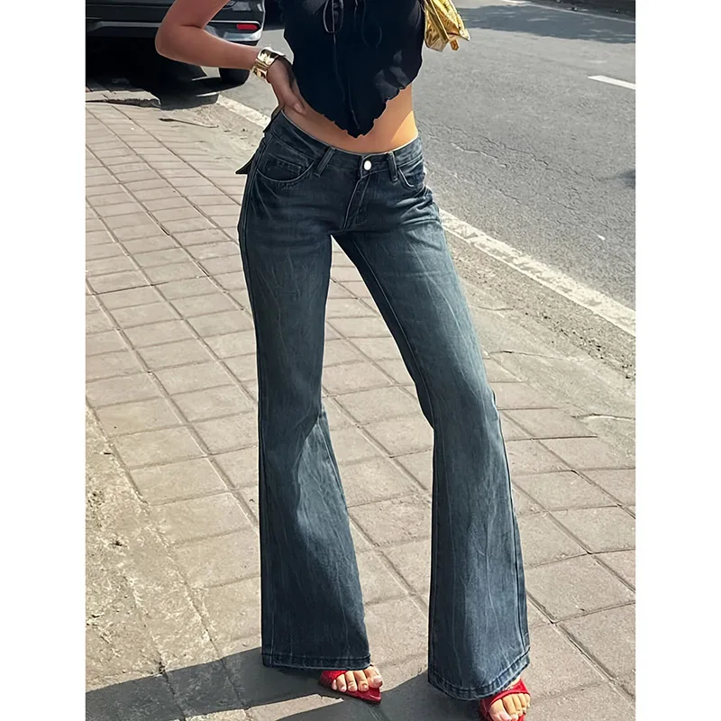 

Lady Slim Fit High Waist Flared Jeans Women Trend Embroidery Pockets Denim Pants Female Fashion Blue Wide Leg Trousers