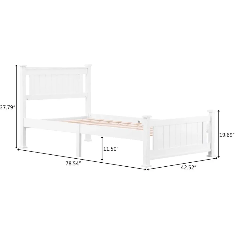 Twin Size Solid Wood Platform Bed Frame, Single Bed with Headboard, No Box Spring Needed Panel Bed, Wood Slat White