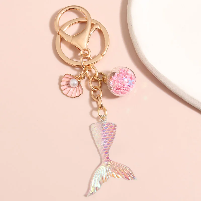 LLavero de cola de sirena para hombre y mujer, llaveros de cola de pez, perla, bola de cristal, regalos de verano, joyería hecha a mano