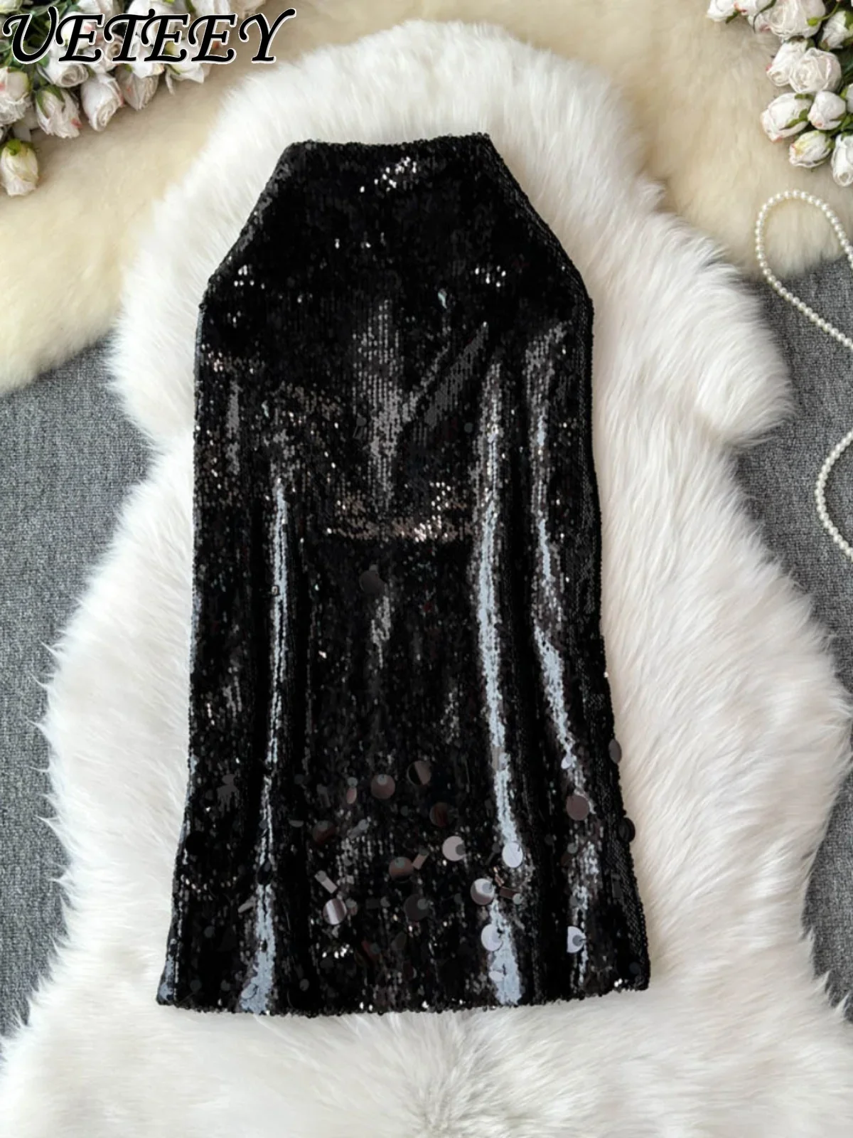 Vielseitige funkelnde Pailletten-Schlankheitsröcke für Damen, Herbst-Winter-Mode, hohe Taille, hüftumwickelte, burgunderrote lange Röcke