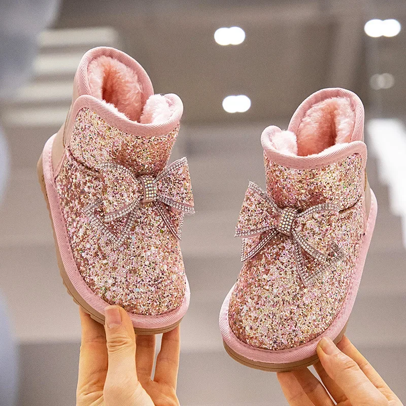 Children Princess Boots Girls Butterfly Knot Glitter Sequin Snow Warm Shoes Thickened Velvet Shoes Soft Bottom Non-slip Boots