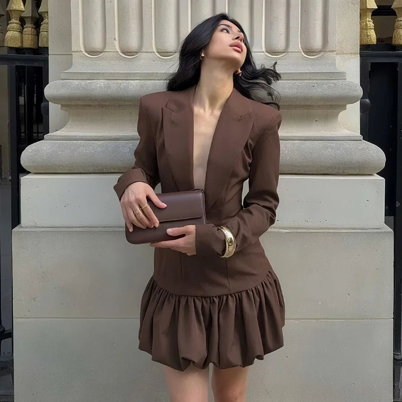 

2025 High-end Deep V Blazer Collar Long-sleeve Dress for Women, Slim Fit, Stylish Flower Short Skirt